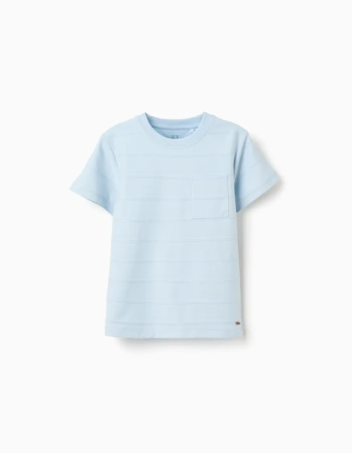 Cotton T-shirt with embossed lines and pocket for boys, light blue