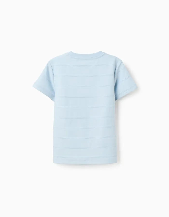 Cotton T-shirt with embossed lines and pocket for boys, light blue