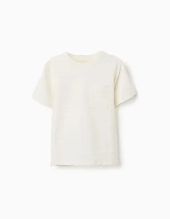 Cotton T-shirt with embossed lines and pocket for boys, white