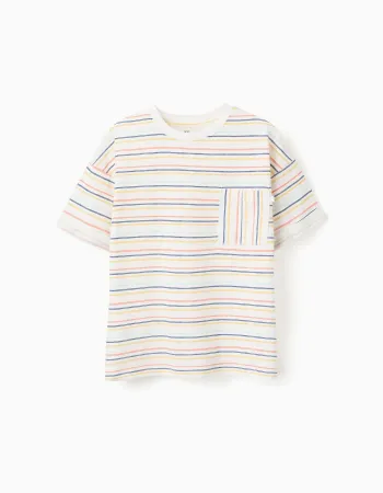 Striped cotton T-shirt with chest pocket for boys, multicolour