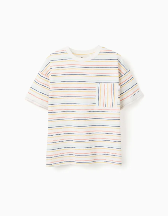 Striped cotton T-shirt with chest pocket for boys, multicolour