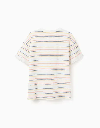 Striped cotton T-shirt with chest pocket for boys, multicolour