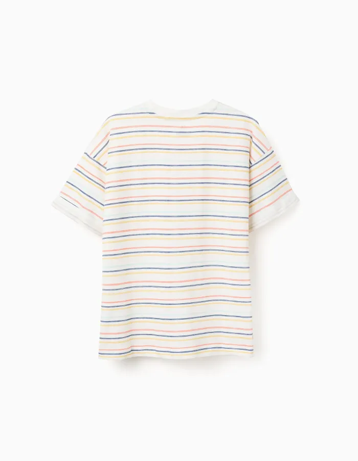 Striped cotton T-shirt with chest pocket for boys, multicolour