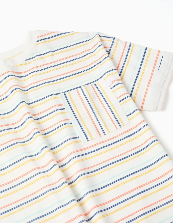 Striped cotton T-shirt with chest pocket for boys, multicolour