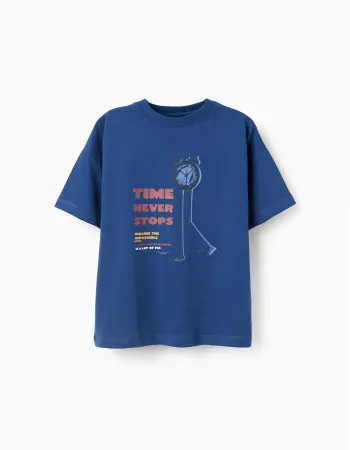Cotton T-shirt with Time Never Stops print for boys, dark blue