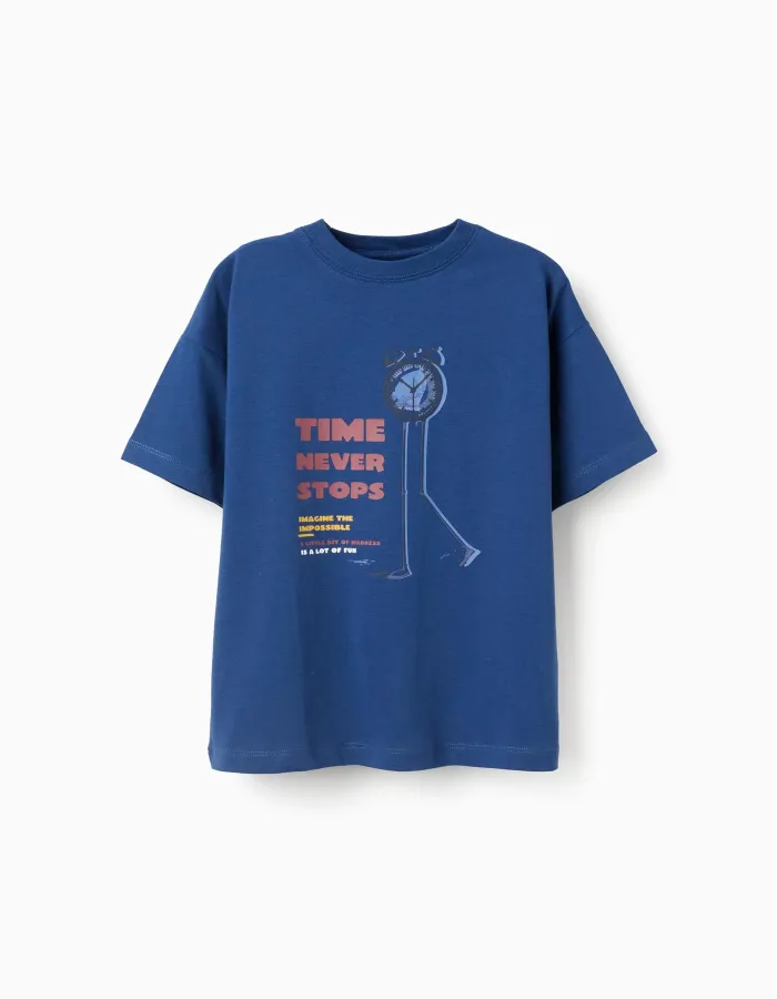 Cotton T-shirt with Time Never Stops print for boys, dark blue