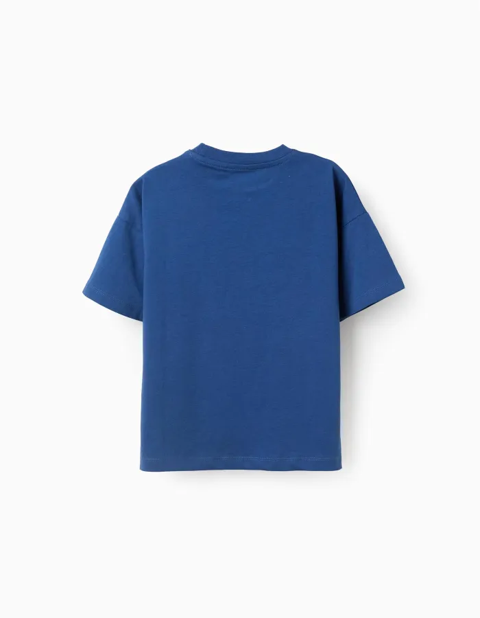 Cotton T-shirt with Time Never Stops print for boys, dark blue