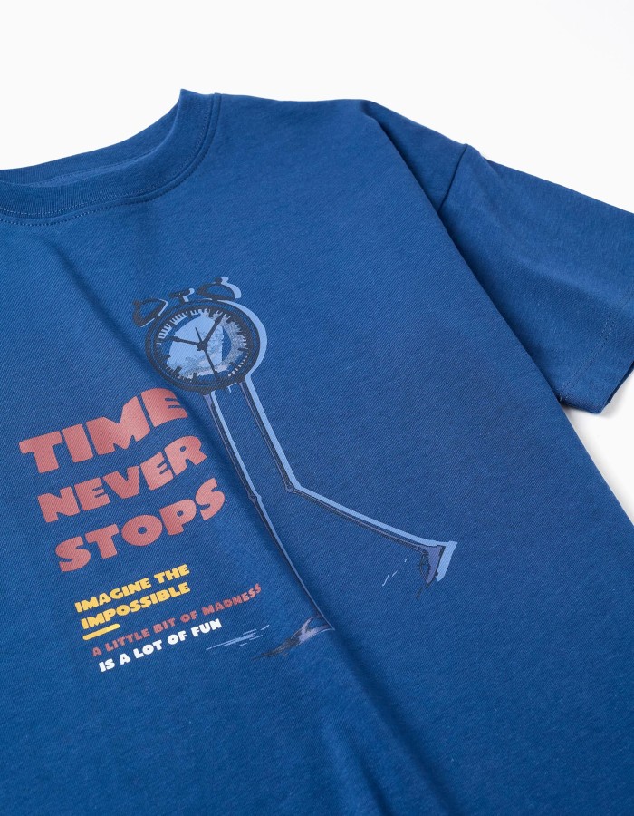 Cotton T-shirt with Time Never Stops print for boys, dark blue