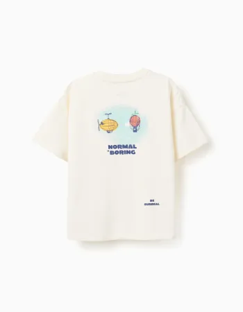 Cotton T-shirt with Normal is Boring print for boys, light beige