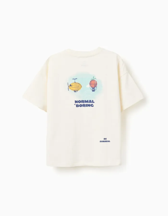 Cotton T-shirt with Normal is Boring print for boys, light beige