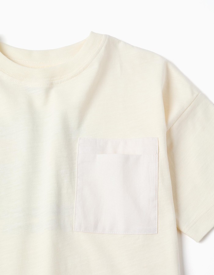 Cotton T-shirt with Normal is Boring print for boys, light beige