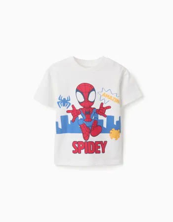 Spidey print cotton T-shirt for babies and boys, white