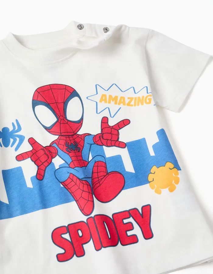 Spidey print cotton T-shirt for babies and boys, white