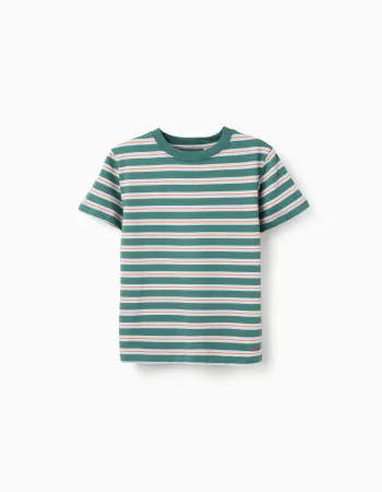 Striped cotton T-shirt for boys, green/orange/blue/white