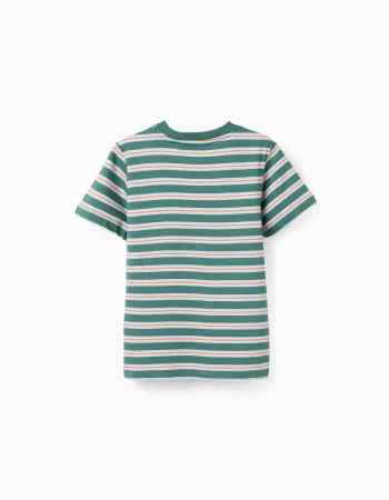 Striped cotton T-shirt for boys, green/orange/blue/white