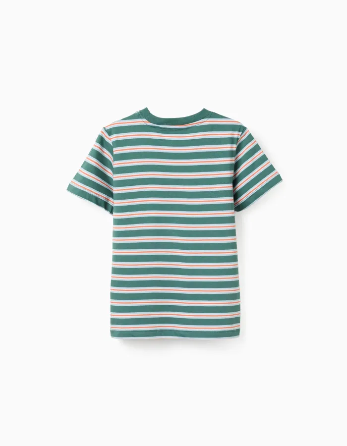 Striped cotton T-shirt for boys, green/orange/blue/white