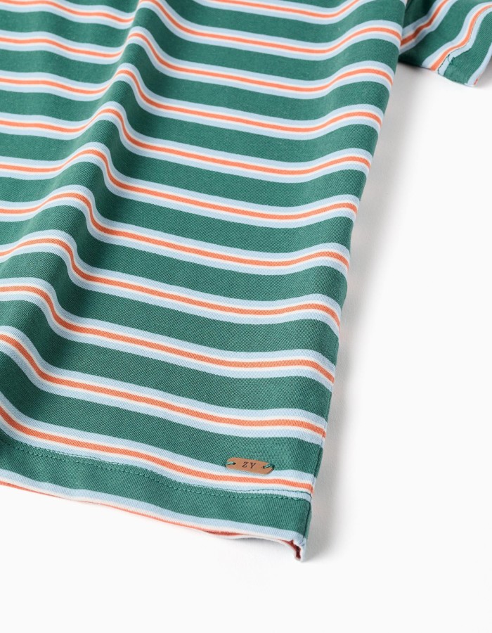 Striped cotton T-shirt for boys, green/orange/blue/white