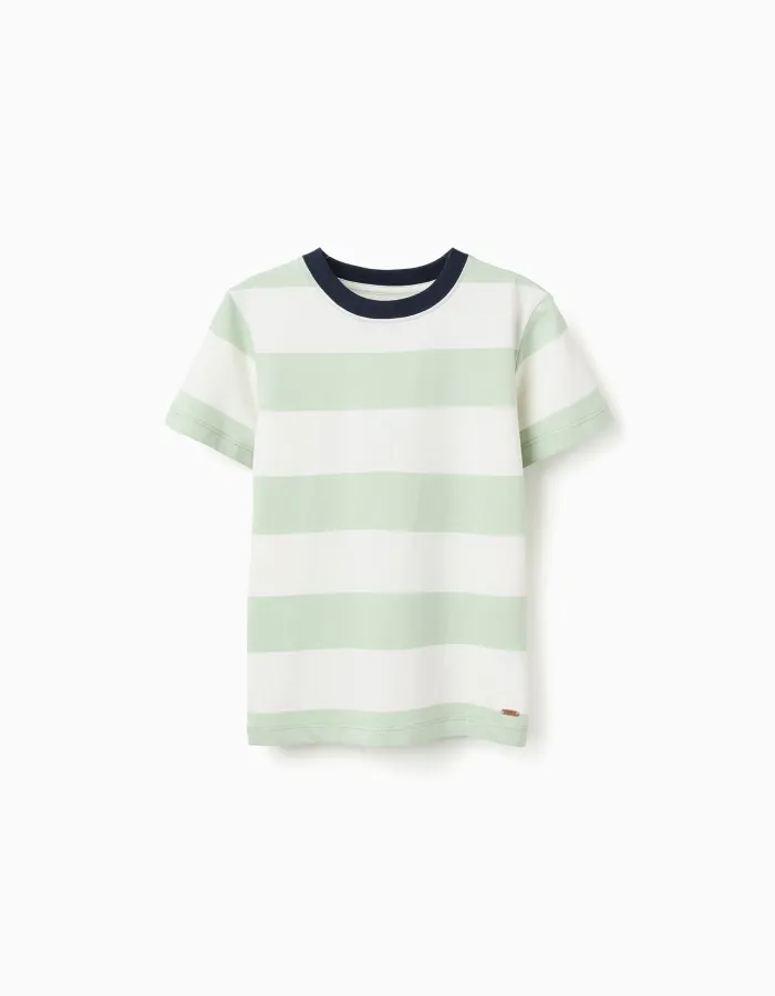 Striped cotton T-shirt for boys, white/green/blue