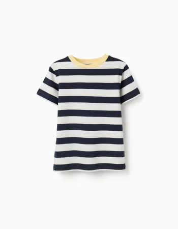 Striped cotton T-shirt for boys, white/blue/yellow