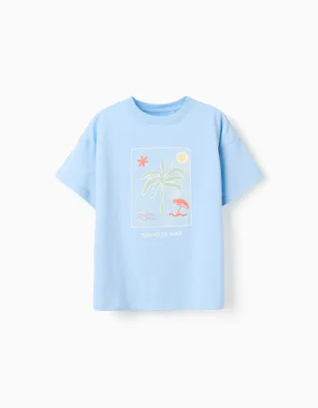 Cotton T-shirt with Banho de Mar print for boys, light blue