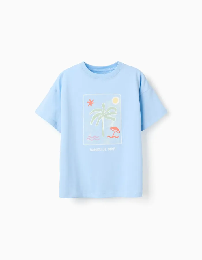 Cotton T-shirt with Banho de Mar print for boys, light blue