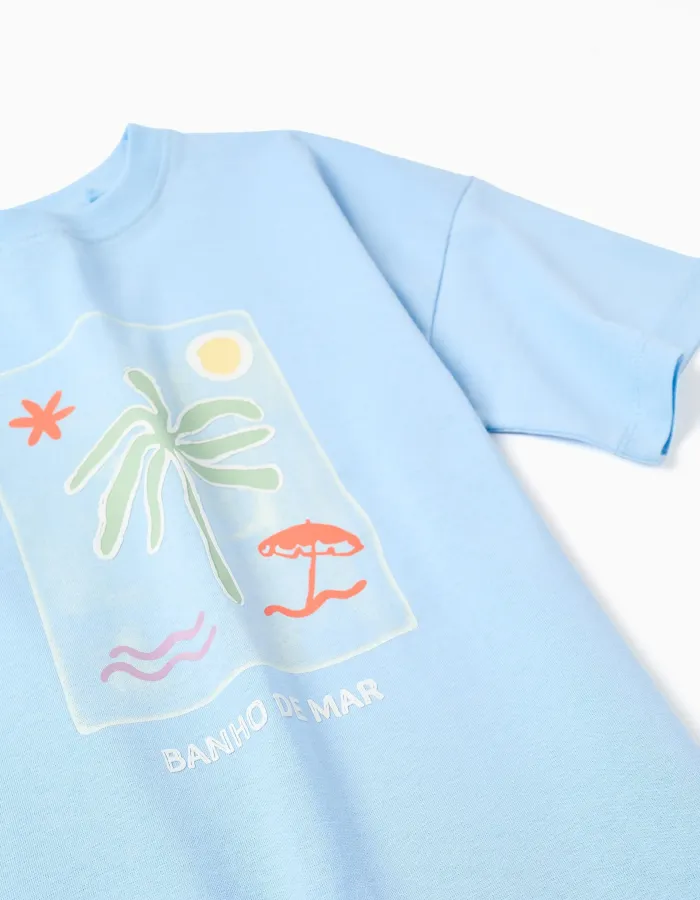 Cotton T-shirt with Banho de Mar print for boys, light blue