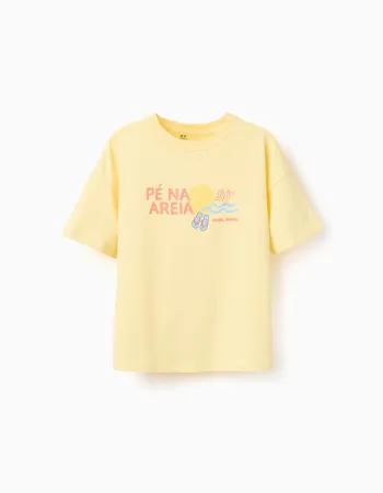 Cotton T-shirt with Pé na Areia print for boys, yellow