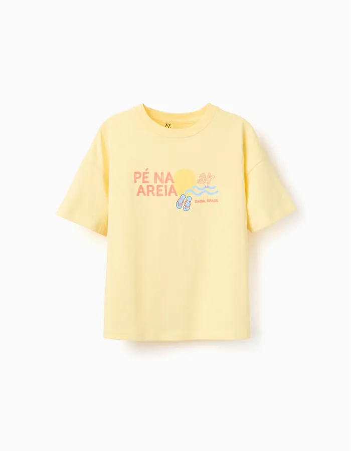 Cotton T-shirt with Pé na Areia print for boys, yellow