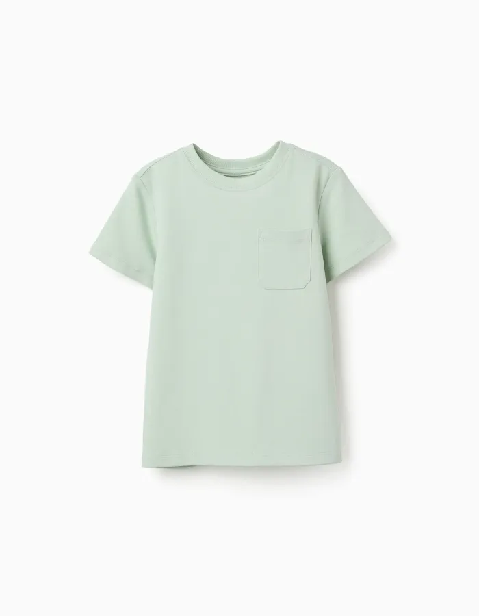 Cotton piqué T-shirt with pocket for boys, light green
