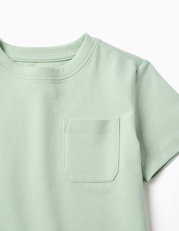 Cotton piqué T-shirt with pocket for boys, light green