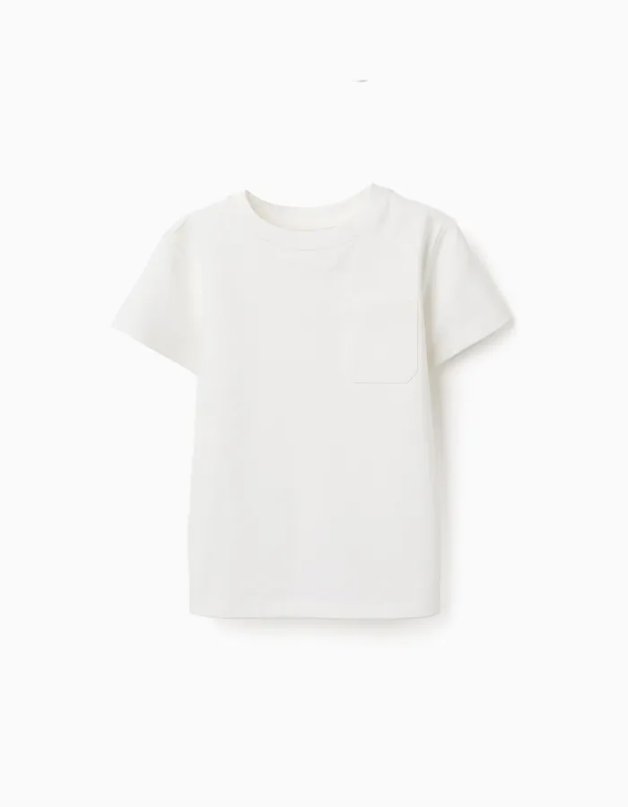 Cotton piqué T-shirt with pocket for boys, white