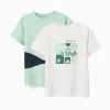 Pack of 2 cotton T-shirts with beach prints for boys, light green/white