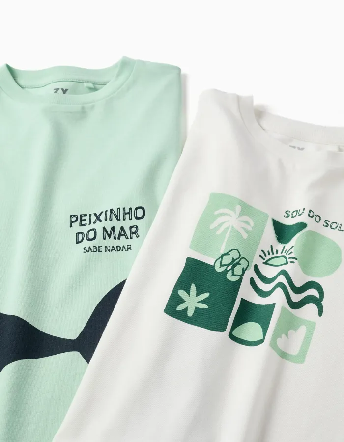 Pack of 2 cotton T-shirts with beach prints for boys, light green/white