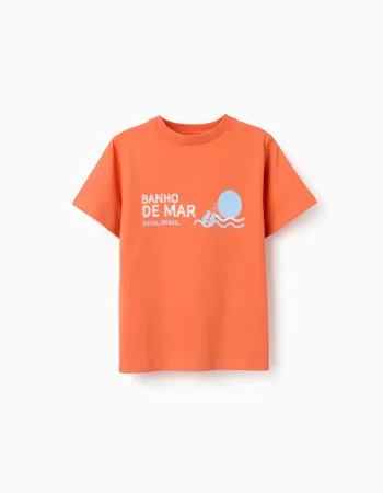 Cotton T-shirt with Banho de Mar print for boys, orange