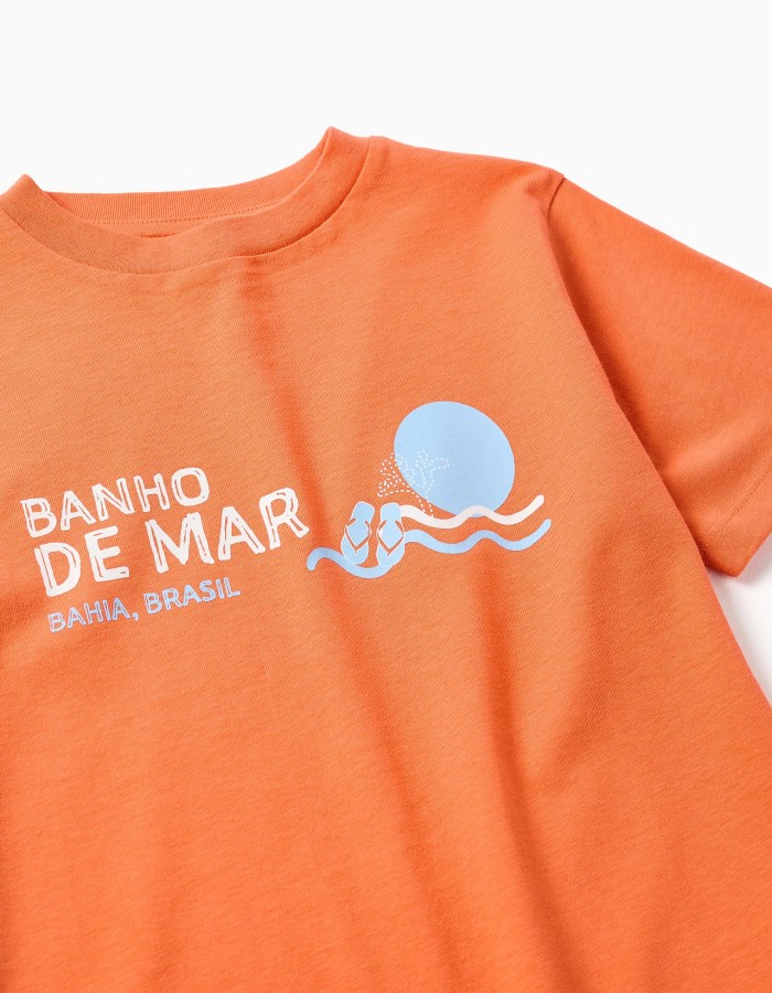 Cotton T-shirt with Banho de Mar print for boys, orange