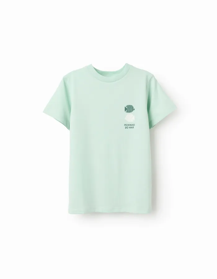 Cotton T-shirt with Peixinho do Mar print for boys, light green