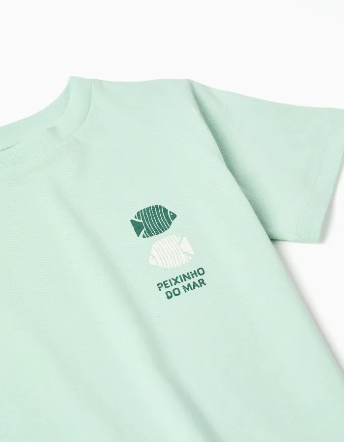 Cotton T-shirt with Peixinho do Mar print for boys, light green