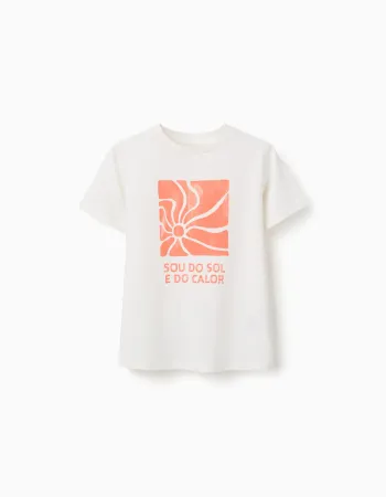 Cotton T-shirt with Sou do Sol print for boys, white/orange