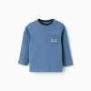Long sleeve cotton T-shirt with print and pocket for baby boys, blue