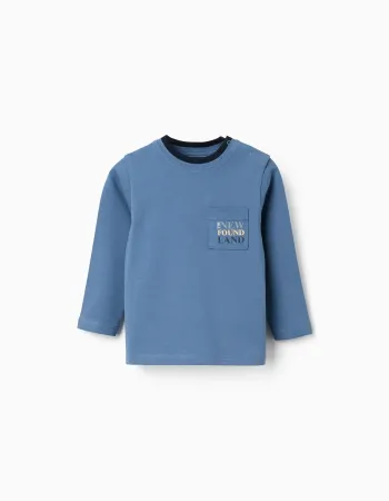Long sleeve cotton T-shirt with print and pocket for baby boys, blue