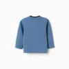 Long sleeve cotton T-shirt with print and pocket for baby boys, blue