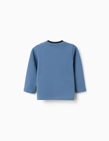 Long sleeve cotton T-shirt with print and pocket for baby boys, blue