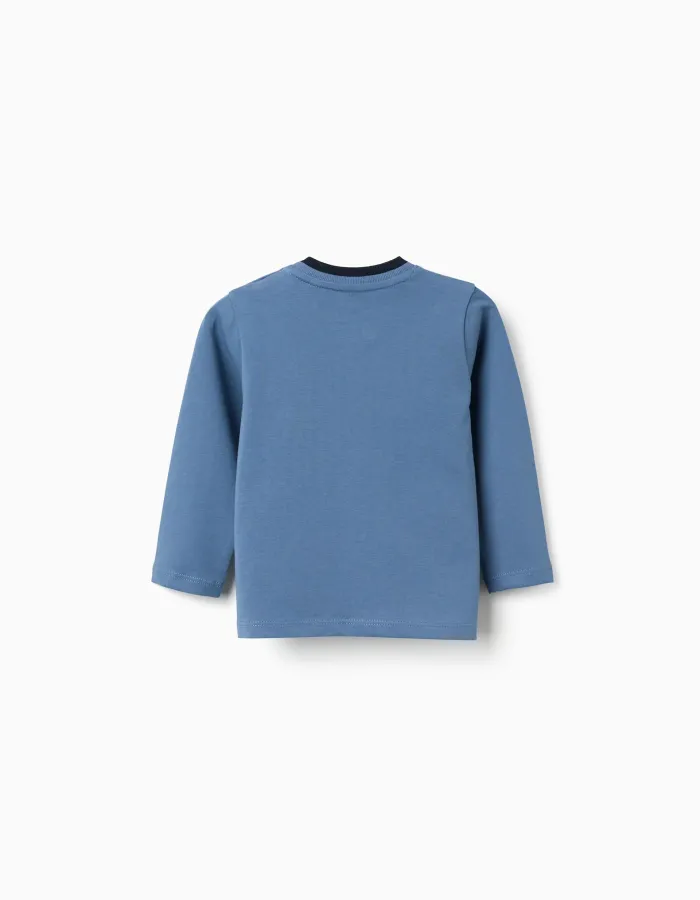 Long sleeve cotton T-shirt with print and pocket for baby boys, blue