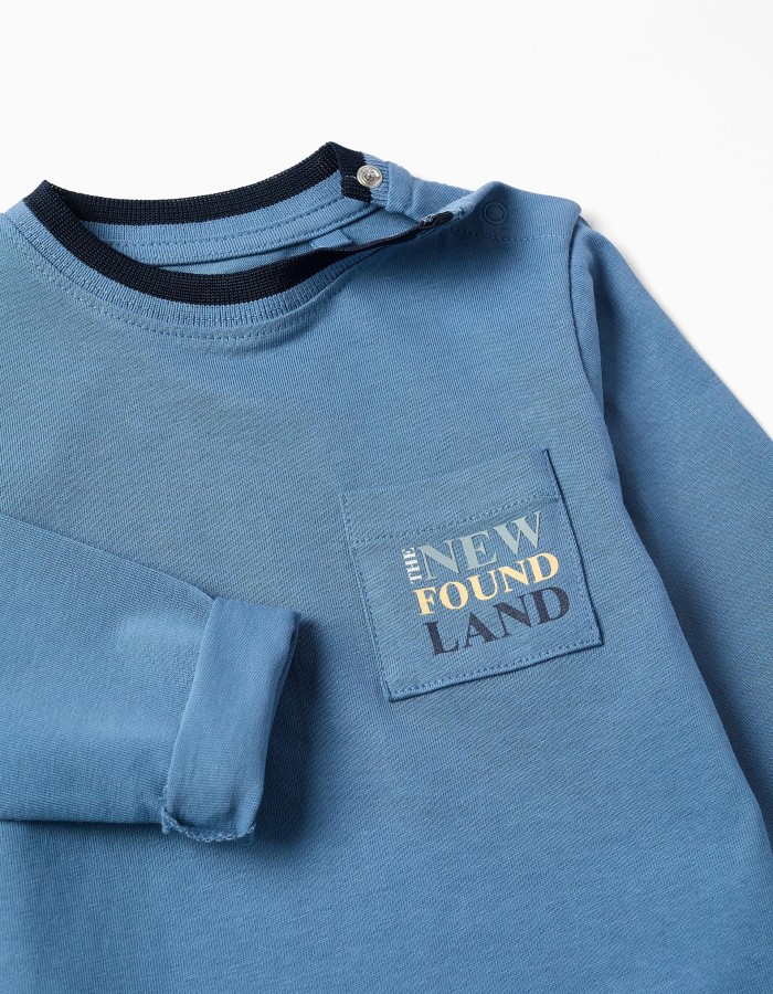 Long sleeve cotton T-shirt with print and pocket for baby boys, blue