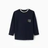 Long sleeve cotton T-shirt with print and pocket for boys, dark blue