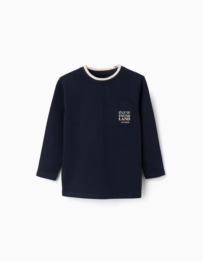 Long sleeve cotton T-shirt with print and pocket for boys, dark blue