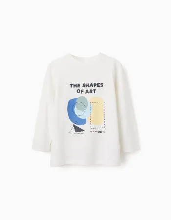 Long sleeve cotton T-shirt with Shapes print for boys, white