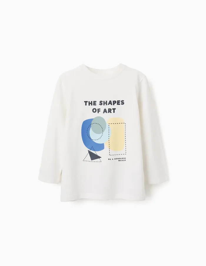 Long sleeve cotton T-shirt with Shapes print for boys, white