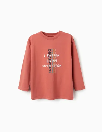 Long sleeve cotton T-shirt with Creative Eye print for boys, terracotta