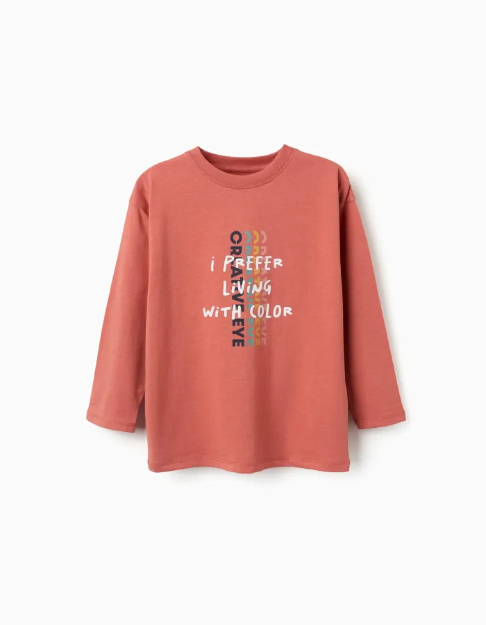 Long sleeve cotton T-shirt with Creative Eye print for boys, terracotta